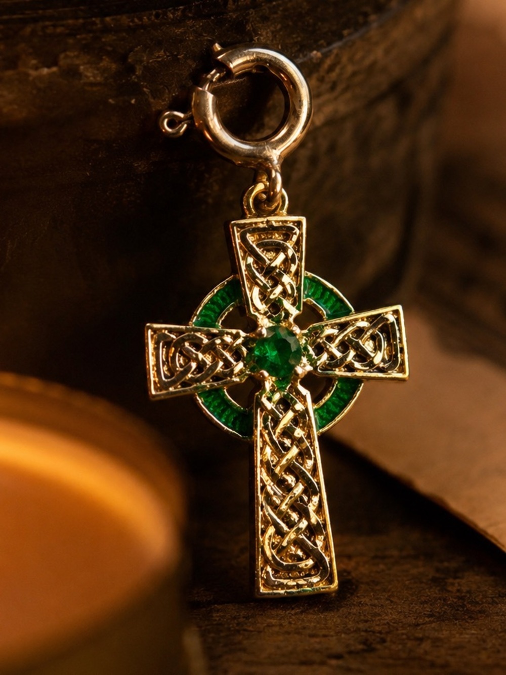 VTG Franklin Mint 925 Vermeil Celtic Cross Charm Pendant Green Enamel Gothic